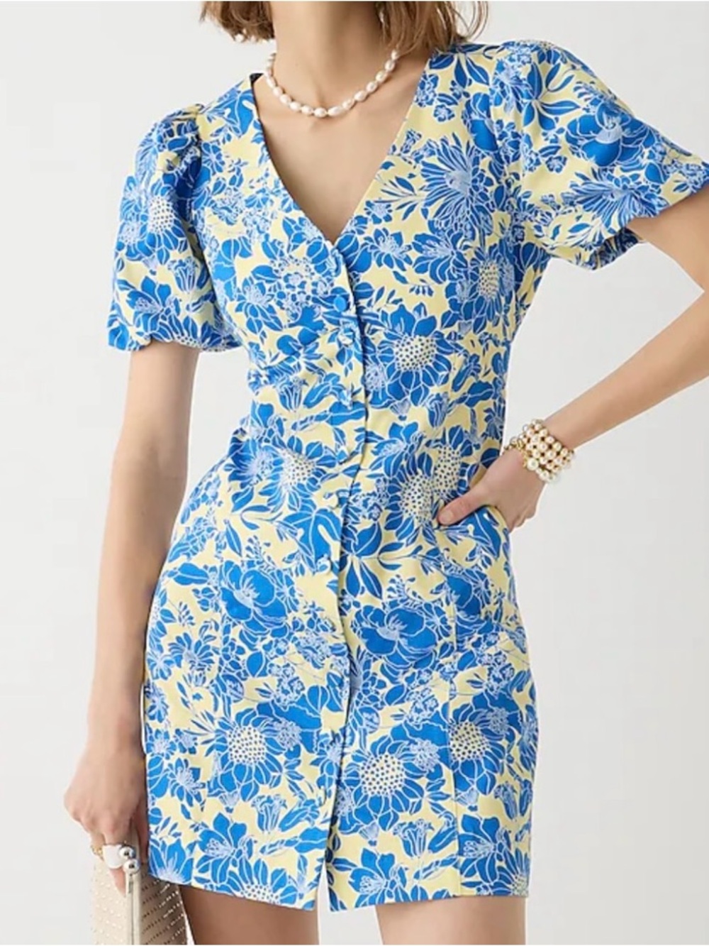 NWT J.CREW BUTTON-FRONT PUFF-SLEEVE MINI DRESS IN BLUE FLORAL